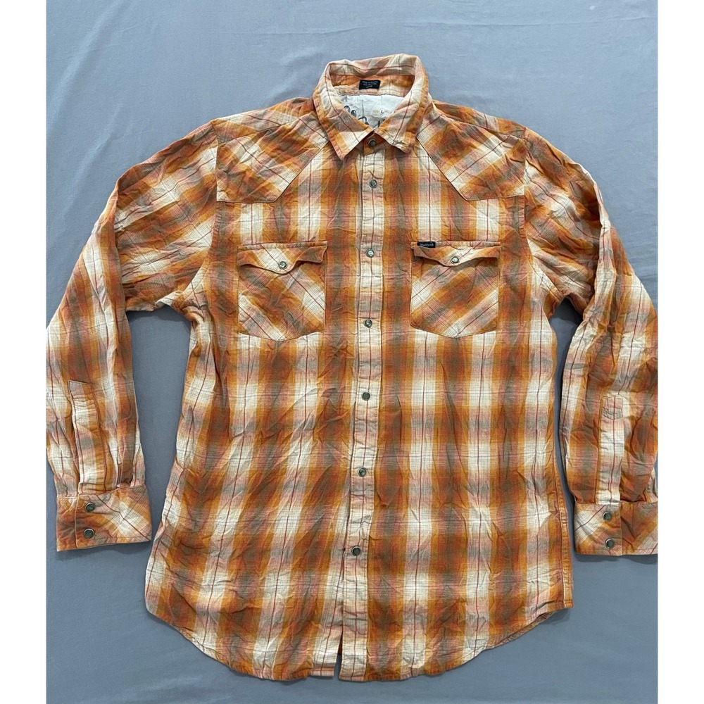 Bullhead Mens Orange Plaid Western Pearl Snap Shirt Long Sleeve Large Cotton